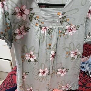Floral Print Blouse - Green and Pink